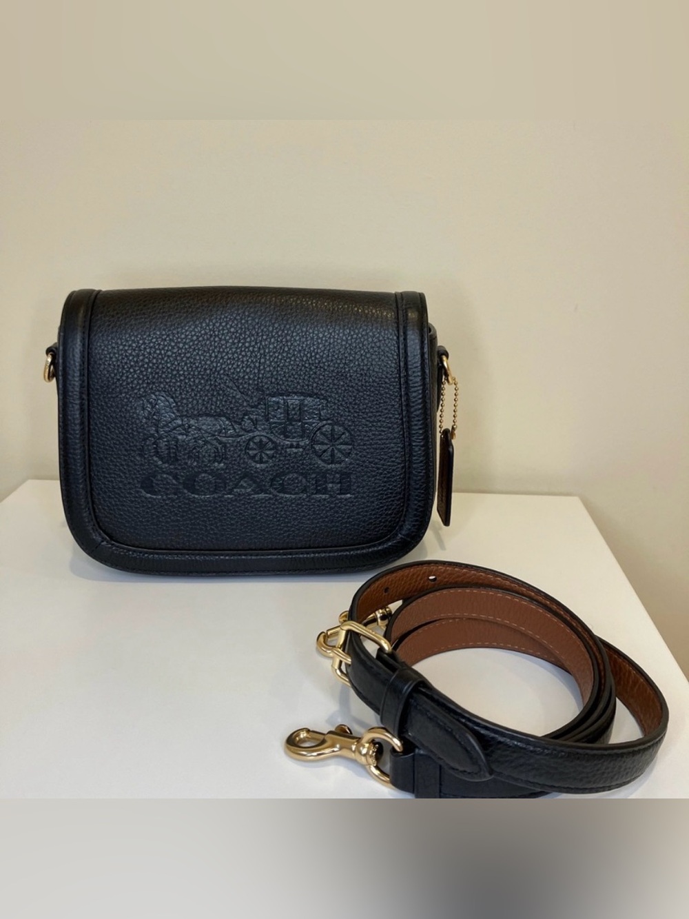 Coach Leather Saddle Bag With Horse And Carriage Crossbody Black and Red Lining